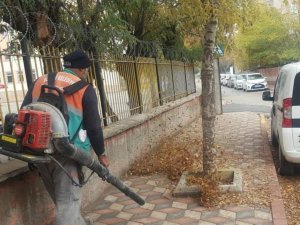 Belediye ekiplerinden yaprak üfleme makinesi ile sonbahar temizliği